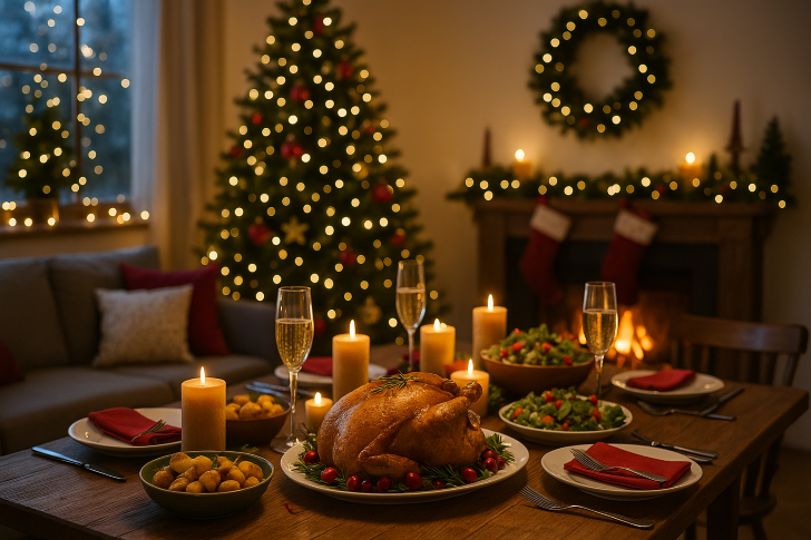 Gezellig kerstinterieur met versierde kerstboom, kaarslicht en feestelijk kerstdiner op tafel.
