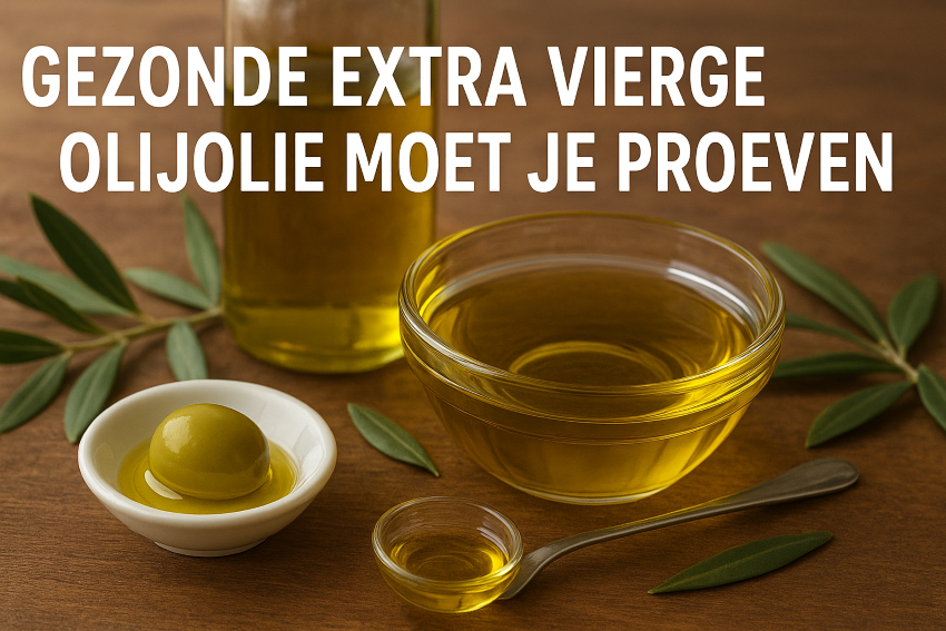 Een close-up van een kom met goudgele extra vierge olijfolie op een houten tafel, omringd door verse olijven, olijftakken en een zilveren proeflepel – een sfeervolle weergave van gezonde olijfolieproeverij.
