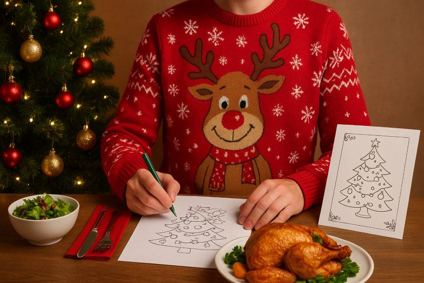 Persoon in foute kersttrui die een kerstboom-kleurplaat inkleurt aan een feestelijk versierde tafel met kerstdiner en kerstboom op de achtergrond.