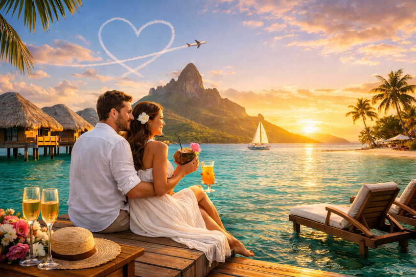 Honeymoon Paradise. Romantic Sunset Overwater Bungalows